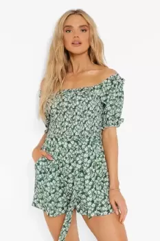 Ditsy Floral Off The Shoulder Belted Playsuit