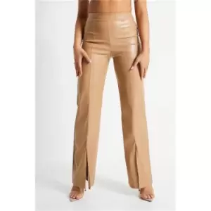 I Saw It First Camel Faux Leather Split Front Wide Leg Trousers - Brown