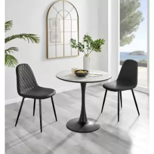 Furniturebox UK - Furniturebox Elina White Marble Effect Modern 80cm Round Dining Table & 2 Black Corona Faux Leather Dining Chairs with Black Legs