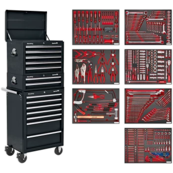 Sealey Superline Pro 14 Drawer Roller Cabinet, Mid and Top Tool Chests + 446 Piece Tool Kit Black