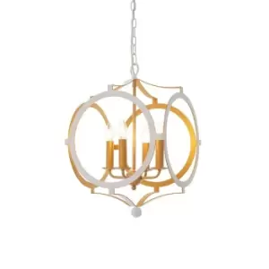 Matt White & Gold Ceiling Pendant Light - 4 Bulb Hanging Circular Frame Fitting