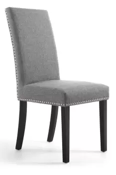 Set Of 2 Steel Grey Studded Linen Dining Chairs With Black Wooden Legs