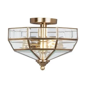 2 Light Semi Flush Ceiling Light Antique Brass, E27