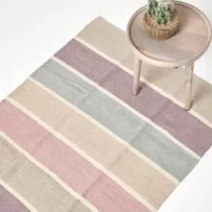 Cotton Chenille Striped Rug Blue Beige Purple Grey Natural, 90 x 150cm - Multi Colour - Homescapes