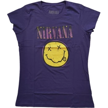 Nirvana - Xerox Smiley Pink Womens Small T-Shirt - Purple