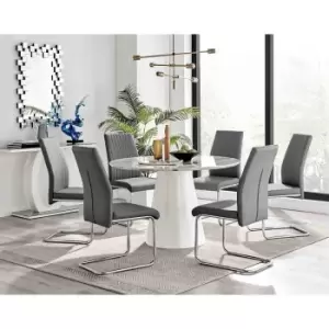 Furniture Box Palma White Marble Effect Round Dining Table and 6 Grey Lorenzo Chairs