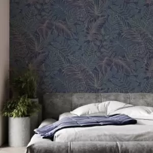 Superfresco Easy - Scattered Leaves Floral Blue/Copper Wallpaper - White