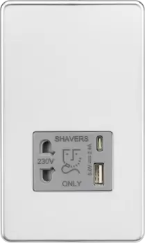 Knightsbridge Shaver socket with dual USB A+C (5V DC 2.4A shared) - polished chrome with grey insert - SF8909PCG