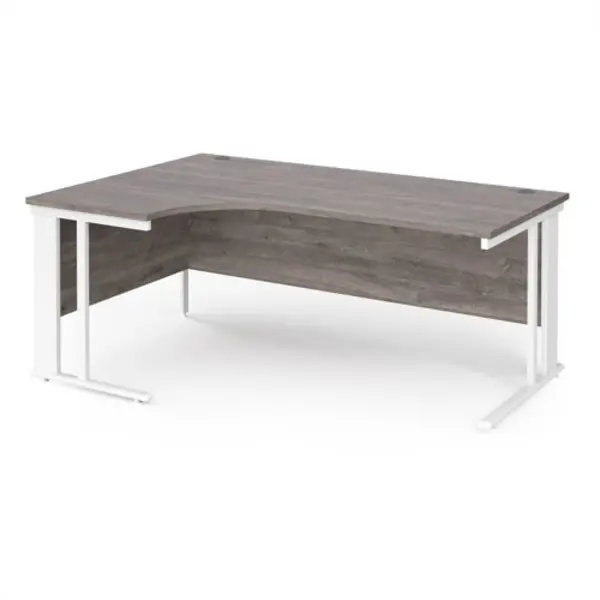 Maestro 25 left hand ergonomic desk 1800mm wide - white cable managed leg frame, grey oak top