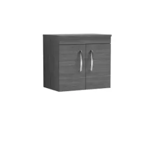 Nuie Athena 600 Wall Hung 2-door Vanity & Worktop - Grey Woodgrain