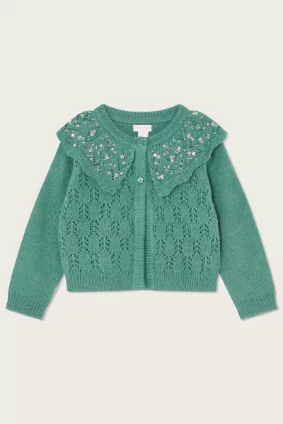 Pointelle Sequin Collar Cardigan in Wool Blend