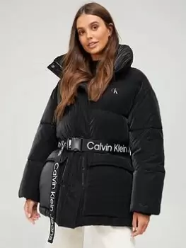 Calvin Klein Jeans Soft Touch Belted Padded Coat - Black, Size L, Women