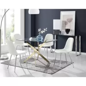 Furniturebox Leonardo 120cm Modern Glass And Gold Metal Leg Dining Table And 4 White Corona Faux Leather Dining Chairs with Silver Legs Diamond Stitch