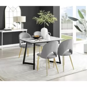 Furniturebox Carson White Marble Effect Recatngular 120cm Dining Table & 4 Grey Arlon Gold Leg Velvet Chairs