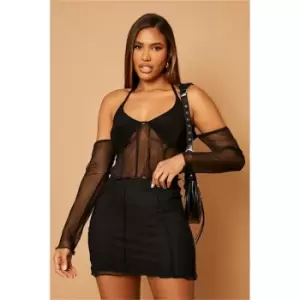 I Saw It First Black Mesh Exposed Seam Halterneck Long Sleeve Top - Black