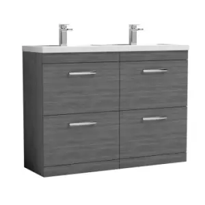 Nuie Athena 1200 Floor Standing 4-drawer Vanity & Polymarble Double Basin - Grey Woodgrain