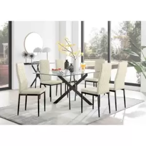 Furniture Box Leonardo Black Leg Glass Dining Table and 6 Cream Velvet Milan Black Leg Chairs