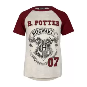 Harry Potter Girls Hogwarts Crest Raglan T-Shirt (5-6 Years) (Beige/Burgundy)