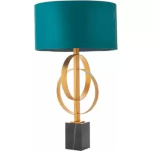 Loops - Antique Gold Table Lamp & Teal Satin Shade - Black Marble Base Desk Light