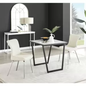 Furniturebox UK - Furniturebox Carson White Marble Effect Square Dining Table & 2 Cream Nora Silver Leg Velvet Chairs