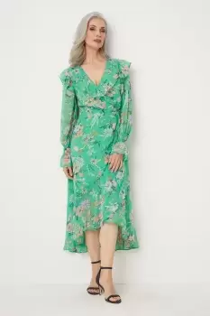 Green Botanical Ruffle Neck Wrap Dress