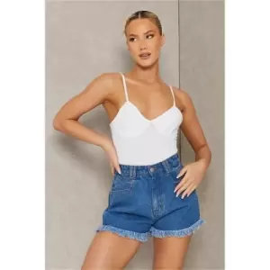 I Saw It First Mid Wash Frayed Hem Denim Shorts - Blue