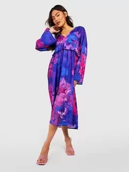 Boohoo Floral Ruffle Waist Chiffon Midi Dress - Purple, Purple, Size 8, Women