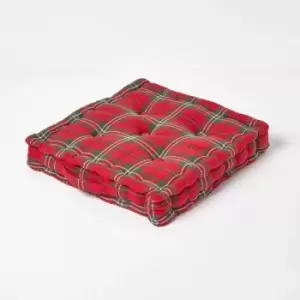 HOMESCAPES Cotton Edward Tartan Floor Cushion, 50 x 50cm - Red