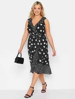 Yours Curve Polka Dot Double Ruffle Wrap Dress - Black/White, Size 30-32, Women