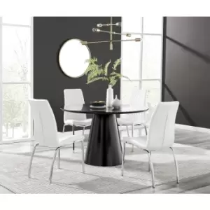 Furniturebox Palma Black Semi Gloss 120cm Round Minimalist Dining Table & 4 White Isco Chairs