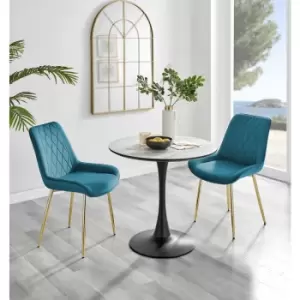 Furniturebox UK - Furniturebox Elina White Marble Effect Modern 80cm Round Dining Table & 2 Blue Pesaro Gold Leg Velvet Chairs