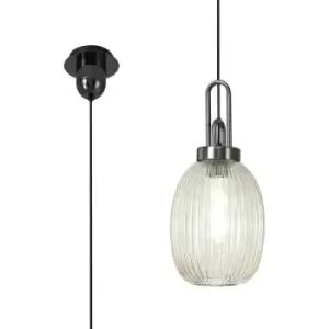 Luminosa Acree Ceiling Pendant E27 With 20cm Almond Ribbed Glass, Champagne Black Chrome, Matt Black