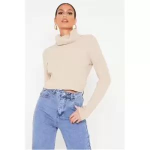 I Saw It First Camel Roll Neck Rib Knit Cropped Jumper - Brown