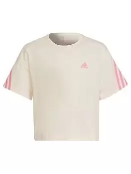 adidas Future Icons Kids Girls 3 Stripe Short Sleeve T-Shirt - Light Beige, Light Beige, Size 7-8 Years, Women