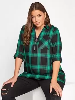 Yours Zip Neck Check Shirt - Green, Size 18, Women