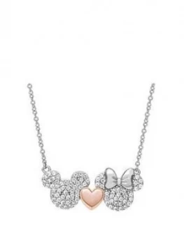 Disney Mickey Loves Minnie Sterling Silver Crystal and Rose Gold Plated Heart Pendant Necklace, One Colour, Women