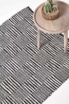 Real Leather Handwoven Striped Block Check Rug