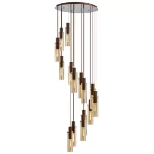 Luminosa Blake Slim Round Ceiling Pendant, 15 Light Adjustable E27, Mocha, Amber Glass, Item Weight: 25.3kg