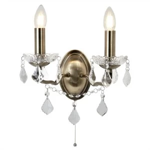 2 Light Indoor Candle Wall Light Antique Brass, Clear with Crystal Glass, E14