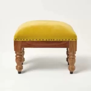 HOMESCAPES Mable Mustard Yellow Velvet Rectangular Footstool - Yellow