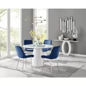 Furniturebox Palma White High Gloss 4 Seat Minimalist Post Modern Round Dining Table & 4 Navy Pesaro Silver Leg Velvet Chairs