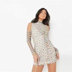 Missguided Checkerboard Twist Front Cold Shoulder Mini Dress - Green