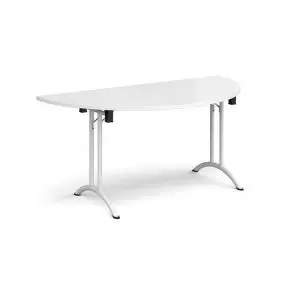 Semi circular folding leg table with white legs and curved foot rails