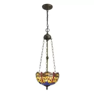 3 Light Uplighter Ceiling Pendant E27 With 30cm Tiffany Shade, Blue, Orange, Crystal, Aged Antique Brass - Luminosa Lighting