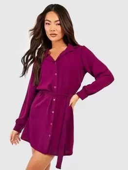 Boohoo Tie Waist Shirt Dress - Magenta, Pink, Size 10, Women