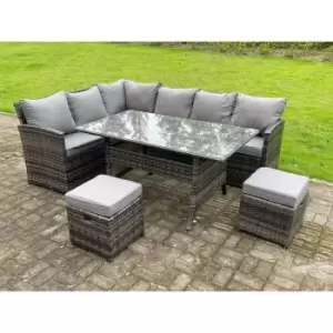 Fimous 6 Seater Outdoor Dark Grey Mixed Rattan High Back Corner Sofa Set with Rectangular Dining Table and 2 Stools