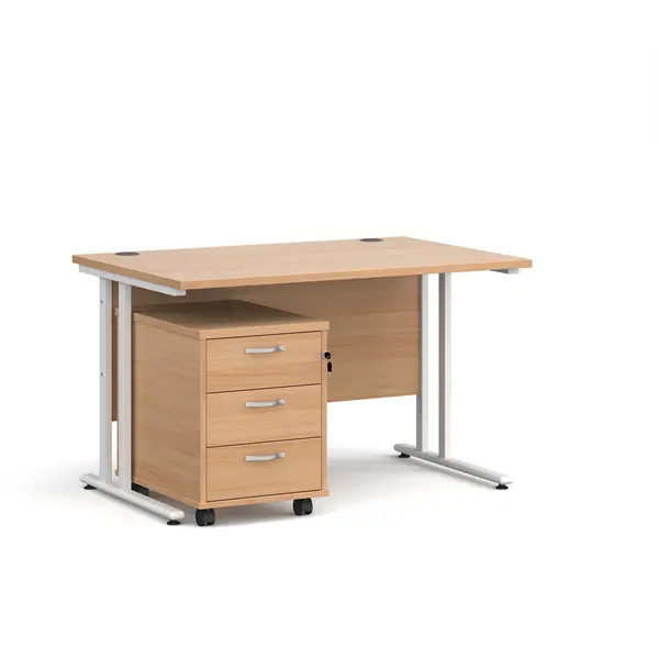 Maestro 25 Straight Desk White Frame Beech Table Top and 3 Drawer Pedestal - 1200mm