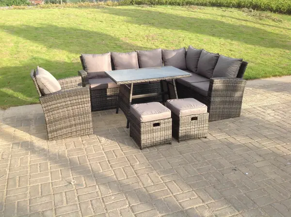 Fimous 7 Seater Outdoor Dark Grey High Back Rattan Lounge Complete Sofa Set with Rectangular Dining Table and 2 Big Footstools