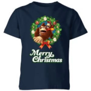 Nintendo Donkey Kong Wreath Merry Christmas Kid's T-Shirt - Navy - 11-12 Years