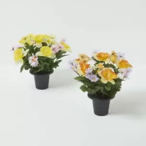 Homescapes - Set of 2 Daisy & Daffodil Artificial Flowers in Grave Pot - Multi-Coloured